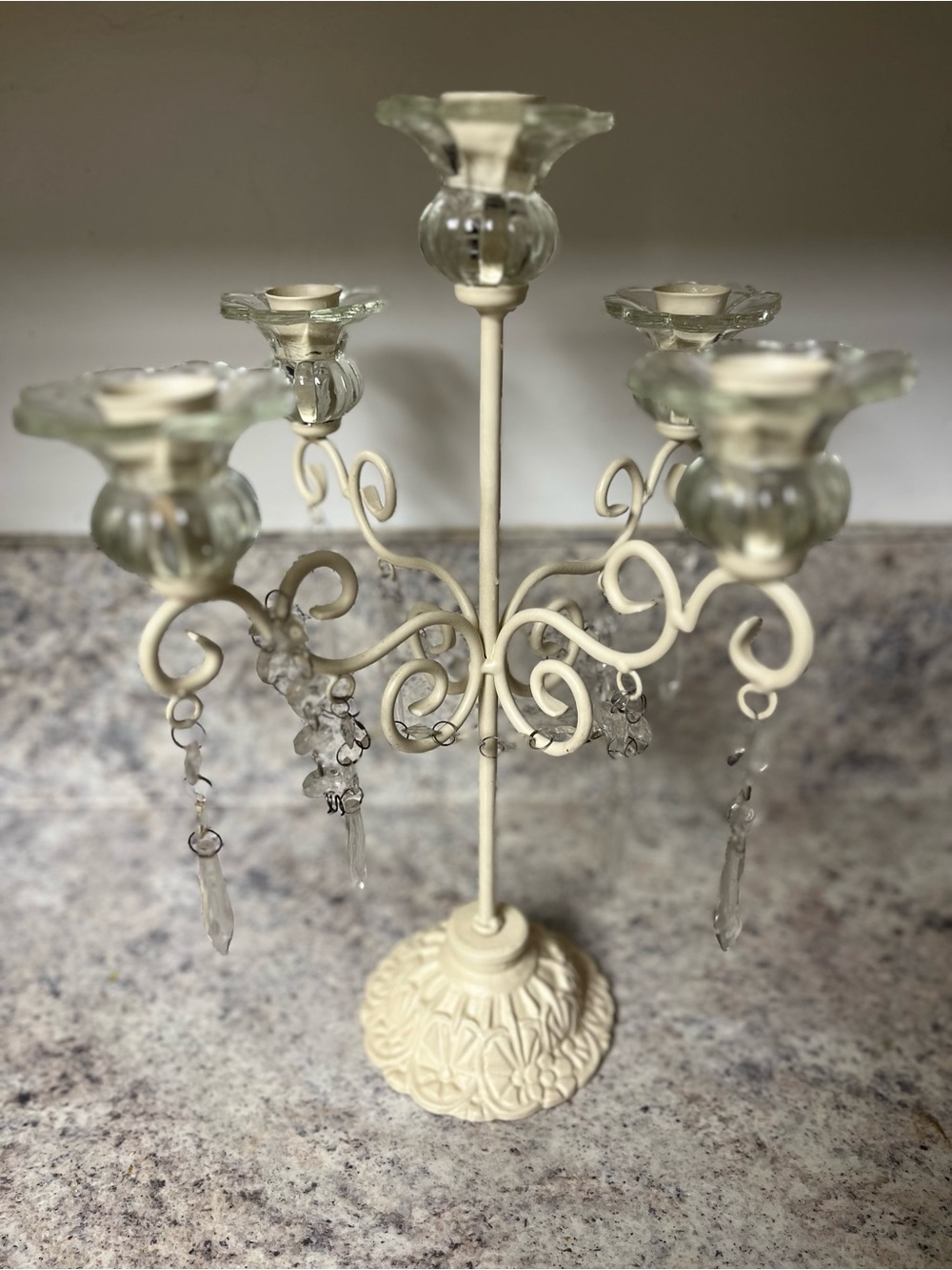 Vintage Ivory 5-Arm Glass & Metal Candelabra with Crystal Drops